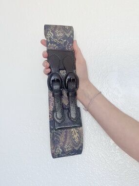 Vintage Tapestry Belt Double Buckle 90s Wide Floral Pattern Stretch Accessory